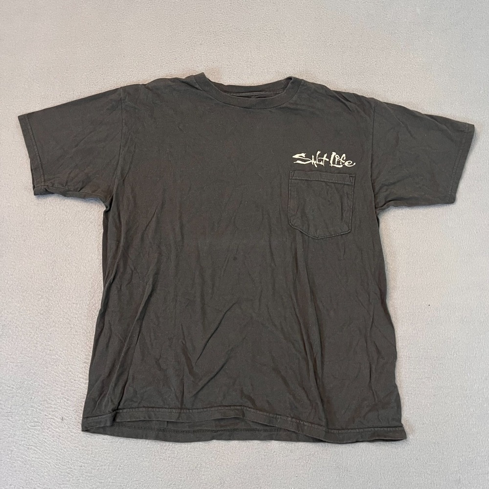 Salt Life Mens Sz Med T-Shirt Black Fishing Rods American Flag Pocket Tee Logo